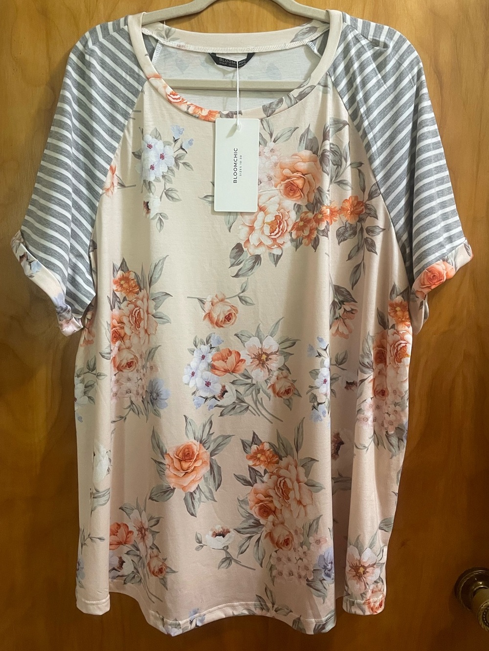 BloomChic Peach Floral Raglan Tee with Gray Stripes